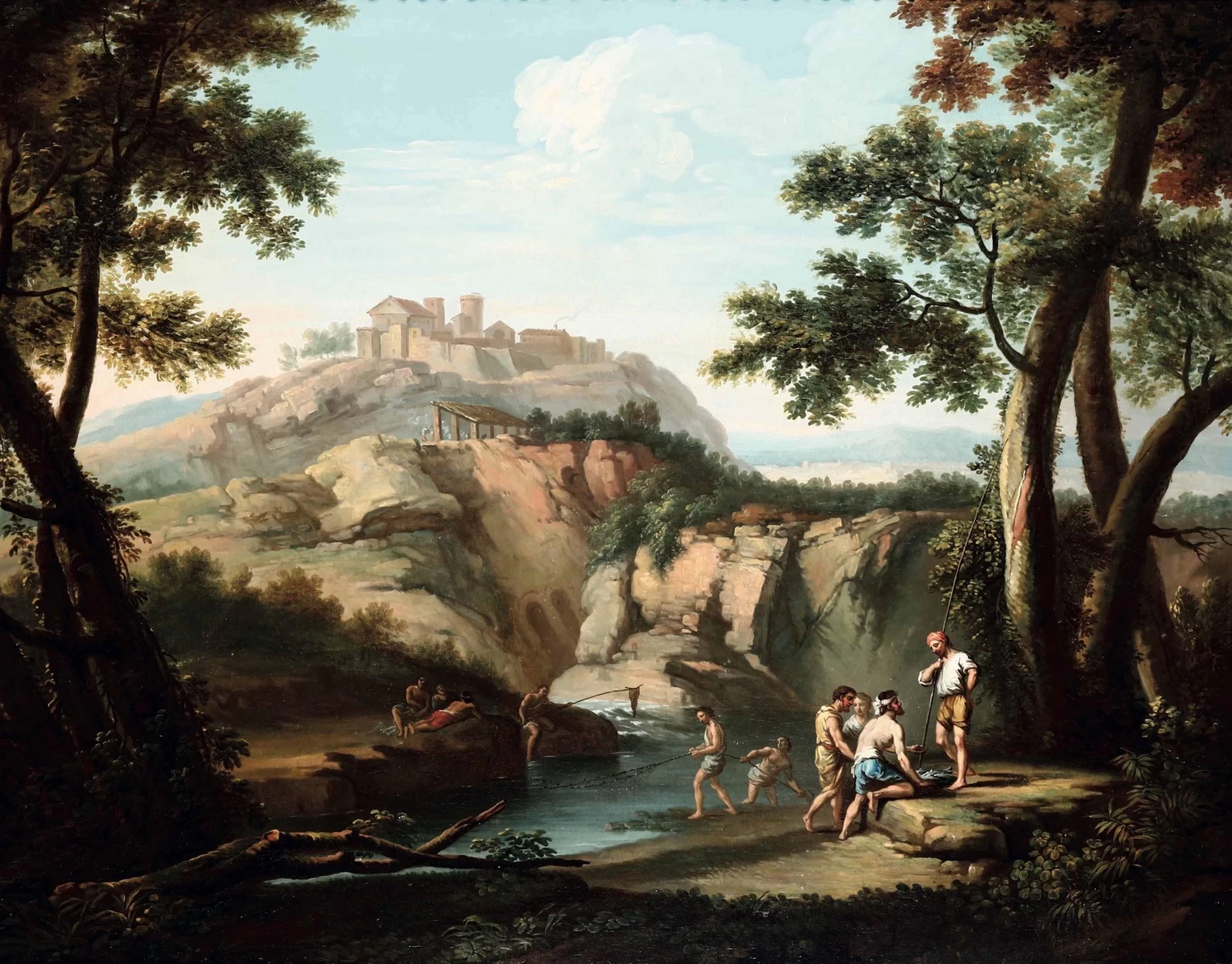 Paesaggio fluviale con personaggi e cittadella sullo sfondo